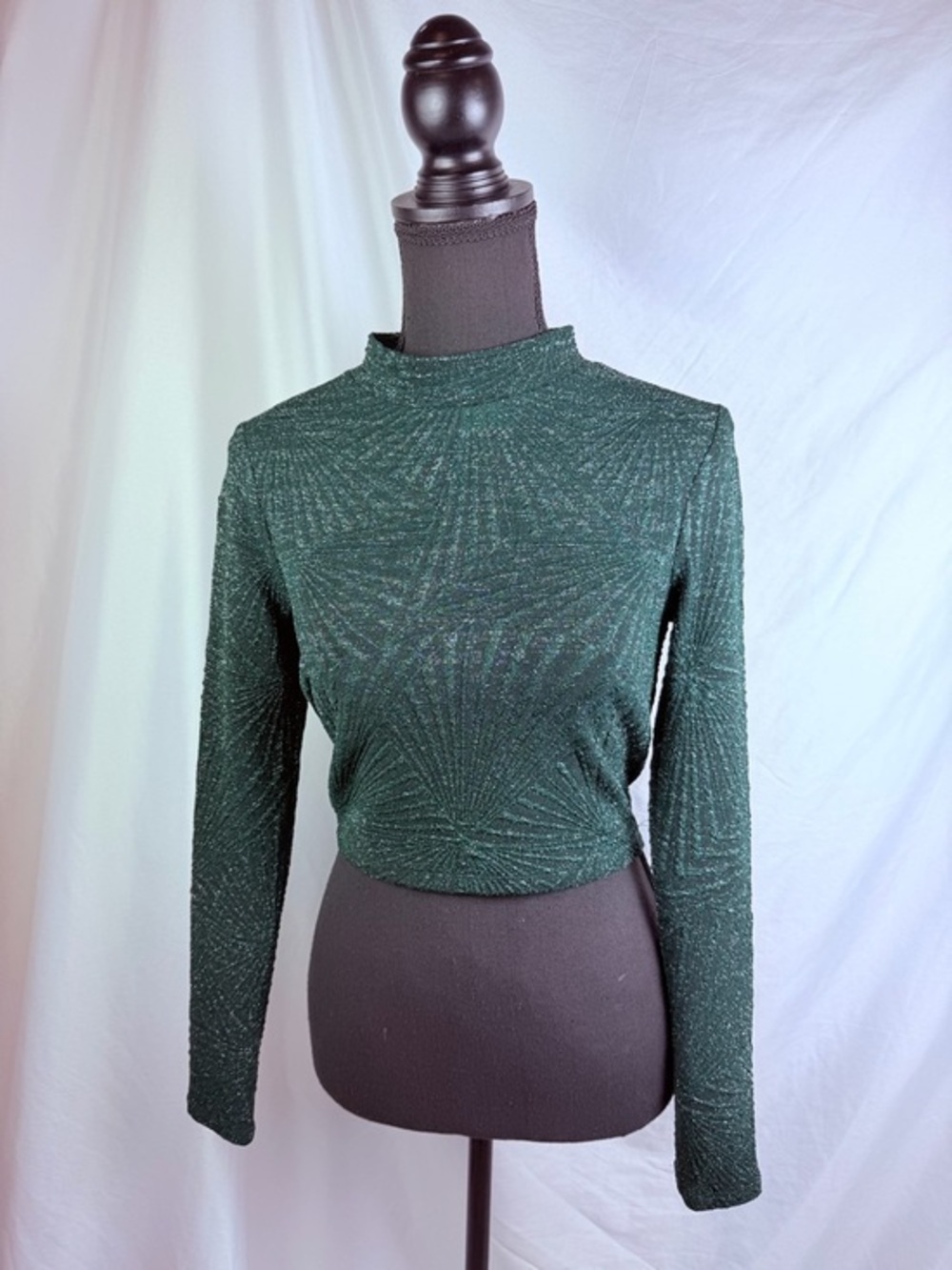 Emerald Green Sparkle Crop Top S Mock Neck Long Sleeve Party
